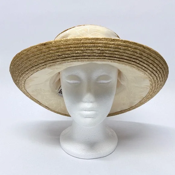 Betmar New York Womens Straw Sun Hat Cream Floral Jacquard Wide Brim New