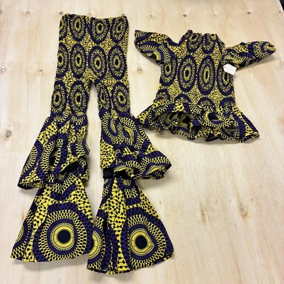 Pants Set Girls 8-9 Years Multicolor Pattern Print Ruffle Top Bell Bottom Pants