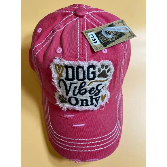KBETHOS Baseball Cap Women OS Pink NEW Dog Vibes Only Distressed Embroidered Hat