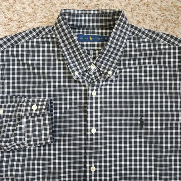 Ralph Lauren Black White Gray Plaid Men Sz XL Oxford Long‎ Sleeve Button Up