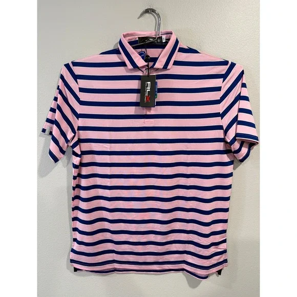 RLX Ralph Lauren Mens Pink Navy Striped Golf Polo Shirt L 785862953006‎ NEW