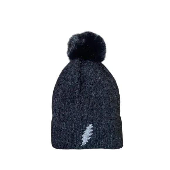 Velvet Bolt Cable Knit Beanie- Black