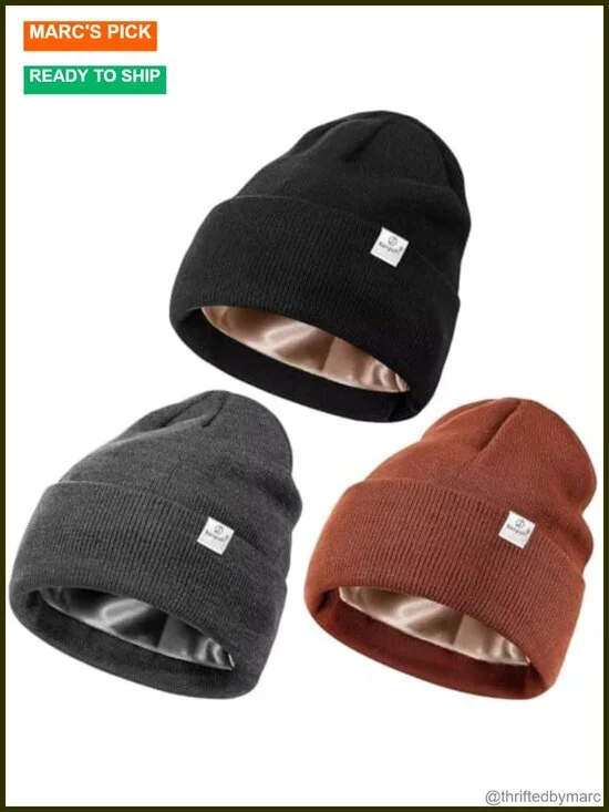 3 Pack Satin Lined Winter Beanie Hats Soft Knit Cuffed Unisex