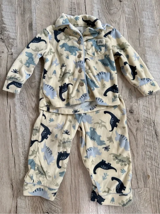 Cream & Blue Dinosaur Fleece Kids Pajama Set