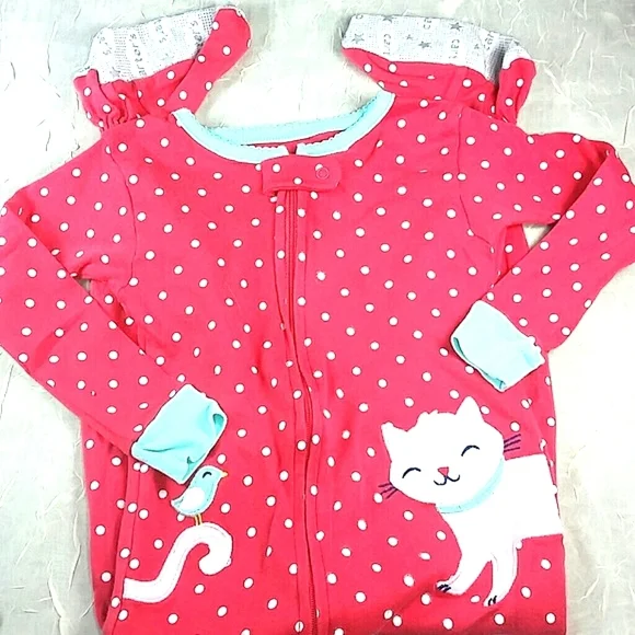 pajamas pj's footie 1 piece kitten kitty red pink polka dot Carters