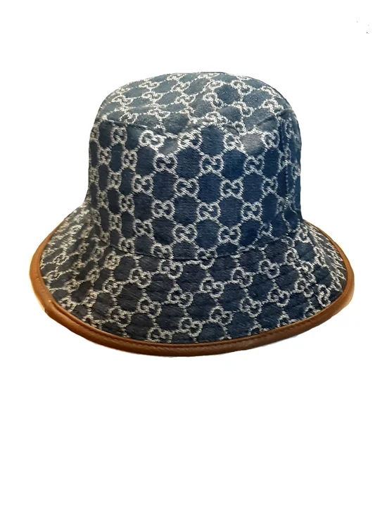 Gucci Blue Monogram Bucket Hat with Brown Trim