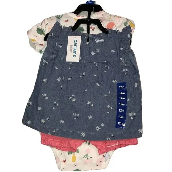 Carter's 12 Months Girls Flower Bunny 4 Pieces Dress Bodysuit Short Pant Set NWT