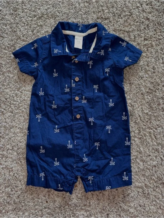 Carter's Navy Blue Palm Print Button-Up Romper
