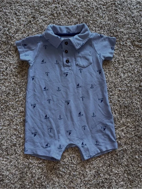 Carter's Light Blue Polo Romper with Navy Nautical Prints