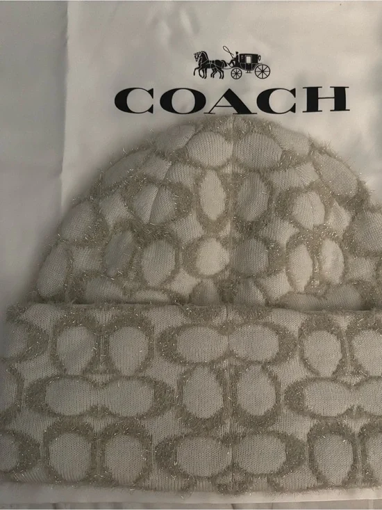 COACH Cream Beanie with Metallic Signature Motif