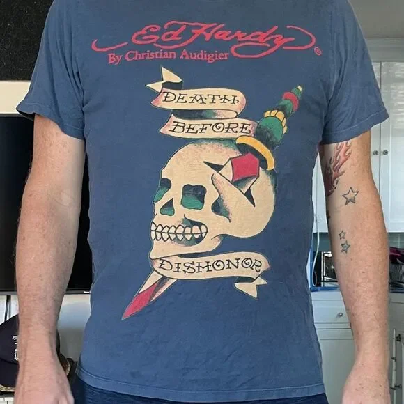 Vintage ED HARDY Blue Death Before Dishonor Skull T-shirt Tee Y2K  Mens Sz Large