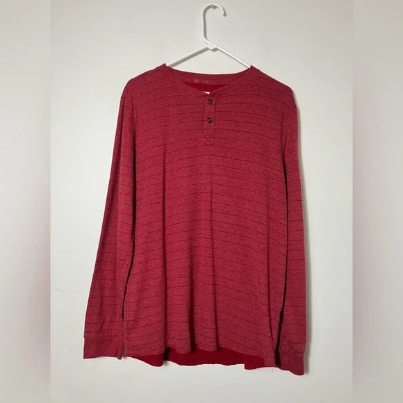 Marine Layer Double Knit Henley‎ Shirt Large Mens Red Long Sleeve Syrah Striped