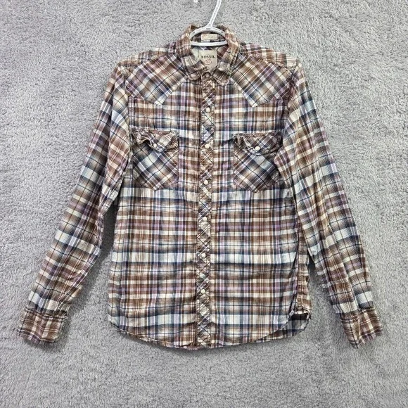 Fossil 54 Authentic Men's Small Vintage Fit Plaid Western Pearl Snap Shirt Brown