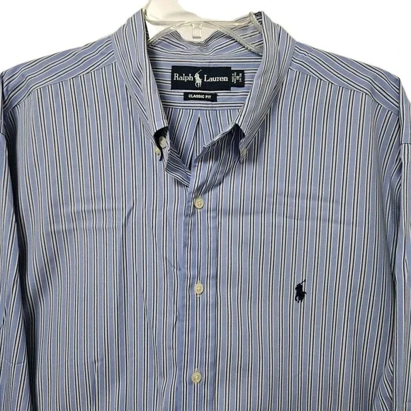 Ralph Lauren Button Down Mens 18 34/35 Blue Striped Classic Fit Cotton Shirt