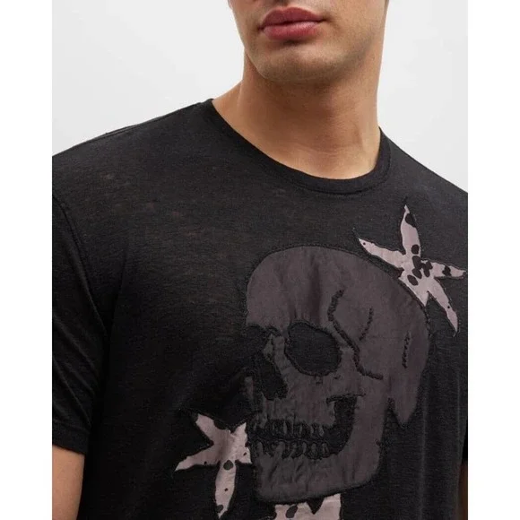 Skull John Varvatos Graphic T-Shirt Men's M Black Embroidered Linen Blend New
