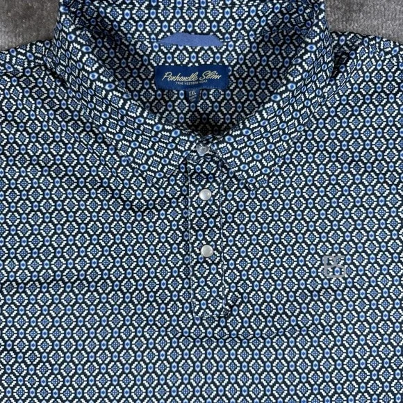 Panhandle Slim Polo Shirt Men's XXL Blue Geometric Short Sleeve Performance Golf