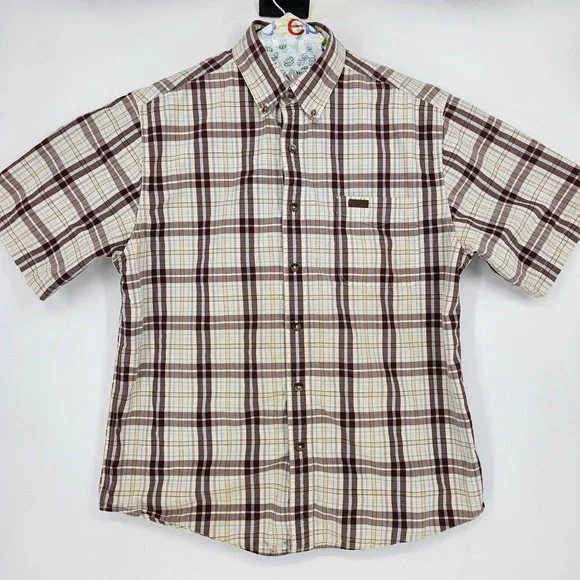 Carhartt Shirt Mens Large Button Down Brown Plaid Short Sleeve Workwear‎