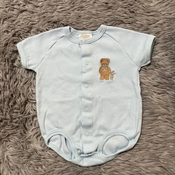 Vintage Carters Bubble Onesie Light Blue Bear Infant 0-3 Months Cotton