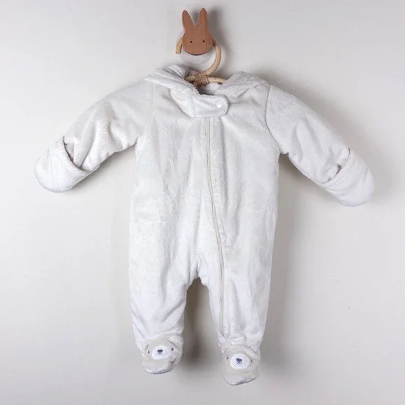 Carter's‎ Pram Suit Kids Newborn White Ivory Plush Bear Ear Hooded