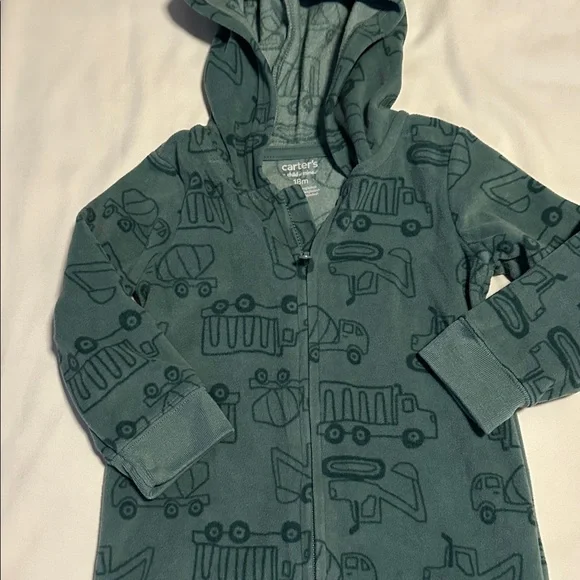 Carter's Teal Hooded Baby Onesie with Vehicle Pattern