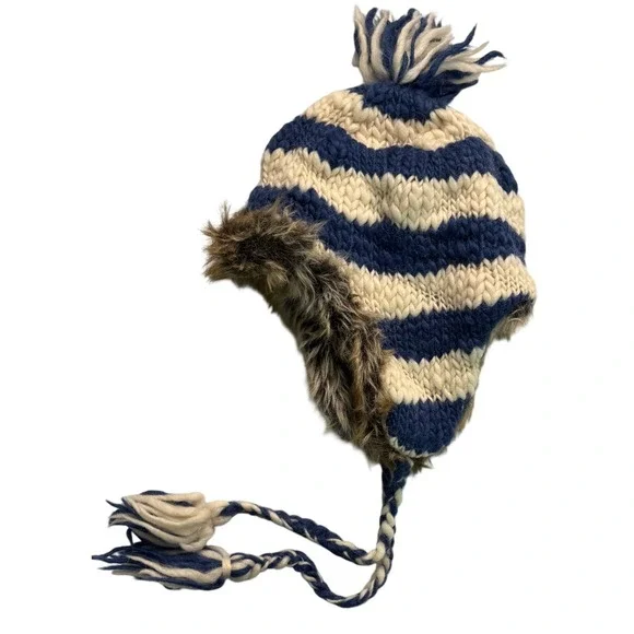 American Eagle Trapper Hat Blue Cream Striped Wool Alpaca Blend Faux Fur Trim