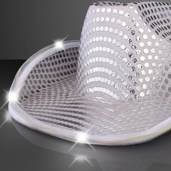 Flashing LED Lights Silver Sequin Cowboy Holiday Hat