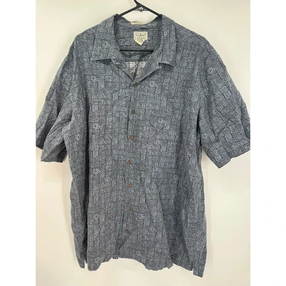 LL Bean Men's XL Tall Short Sleeve Button Up‎ Shirt Blue Aztec Print Cotton
