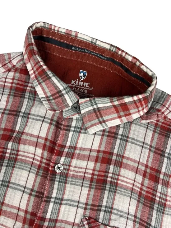 Kuhl Shirt Mens XL Red Gray Plaid Button Up Trail Hiking Outdoors Organic Cotton