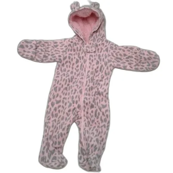 Carters Baby Sherpa Fleece Bunting Snowsuit Pink Gray Animal Print Size 3 Months