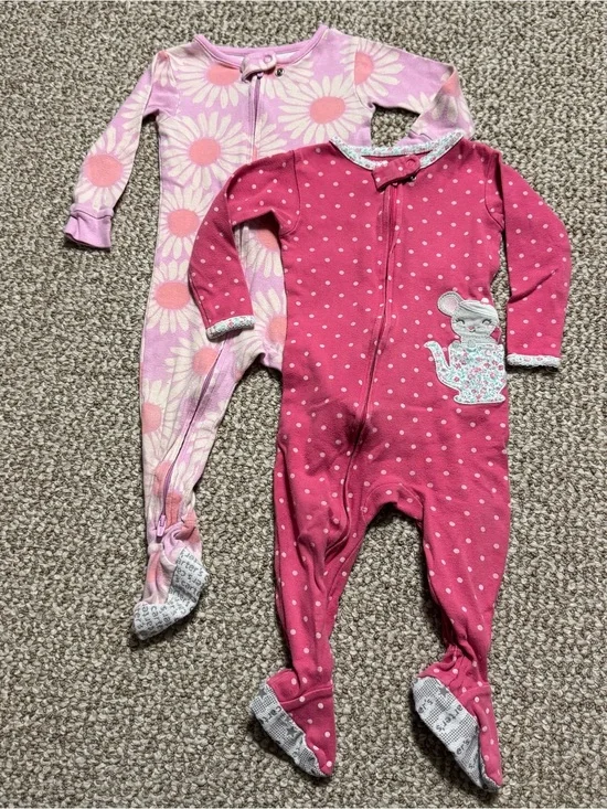 Carter's Lot of 2 Zip Footed Sleepers Pajamas Daisy Mouse Teapot 12 Months