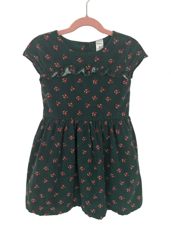 Carter's Toddler Girls Green Corduroy Floral Dress 5T Ruffle Button Back