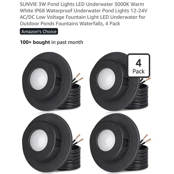 SUNVIE 3W IP68 Underwater Pond Lights LED 12-24V Warm White Outdoor 4 Pack Black