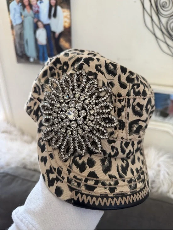 Bling bling  Beige and Black Leopard Cadet Hat with Rhinestone Brooch