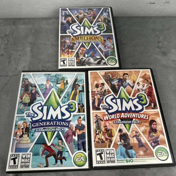Lot of 3 Sims 3 Expansion Packs Generations, Ambitions &‎ World Adventures PC