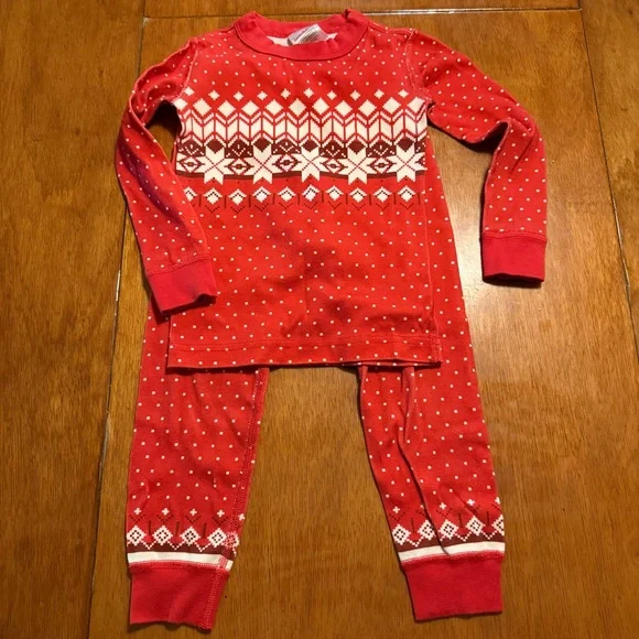 Hanna Andersson Kids Red Fair Isle Snowflake Organic Cotton Pajama‎ Set 3T 90cm