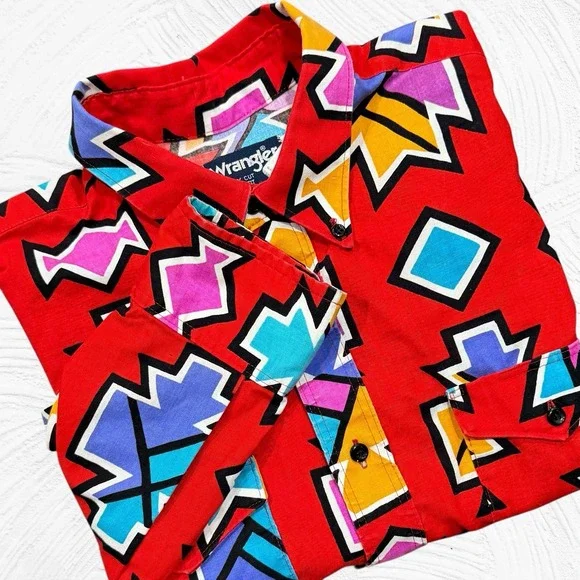 Vintage Wrangler Cowboy Cut Shirt 17.5x 36 X-Long Tails Aztec Southwest USA Made