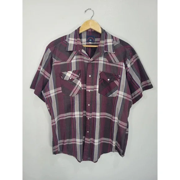 Rock Creek Ranch Mens Short Sleeve Western Snap Plaid Shirt Burgundy‎ Grey XL