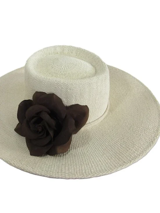 SUPER CUTE WIDE BRIM GOUCHO STYLE FEDORA SUN HAT, CHIN STRING ,BROWN ROSE M/L