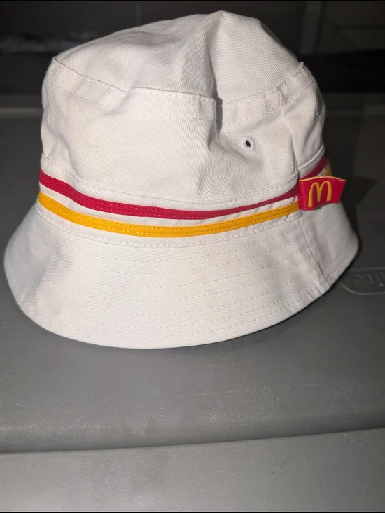 McDonald's Kids White Bucket Hat with Red and Yellow Stripe Detail