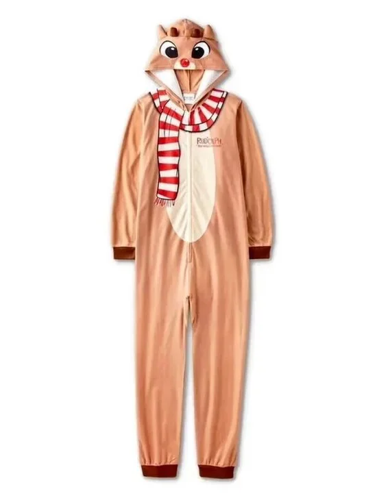 Rudolph Brown Fleece Christmas Onesie Union Suit Sleeper Pajamas Medium (7-8)