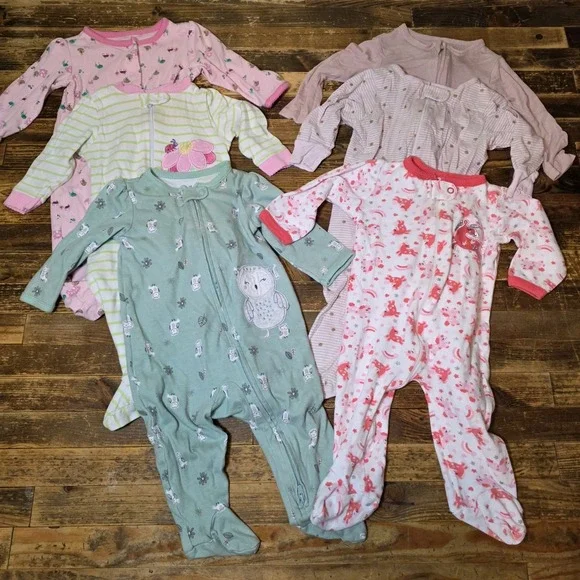 6 Baby Girl 3-6 months Footed Zip Up One Piece Sleeper Pajama Lot  Bundle Infant