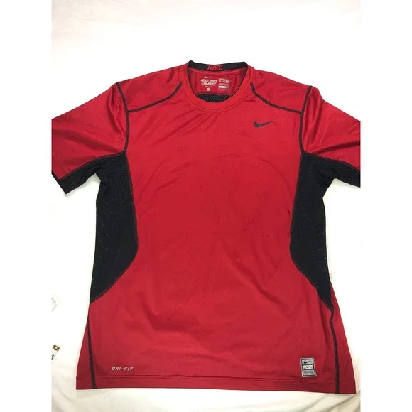 Nike Pro Combat Dri-FIT Fitted Shirt Mens Large Red Black Mesh Athletic Tee