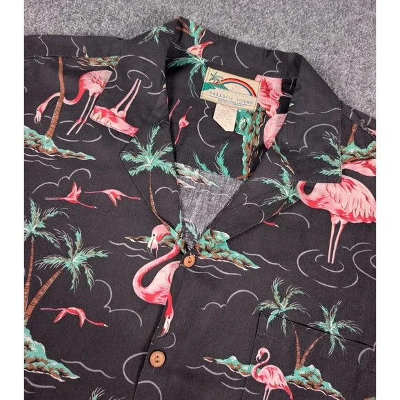 Vtg‎ Paradise Found Hawaiian Shirt Mens XL Flamingo Palm Trees Wood Buttons