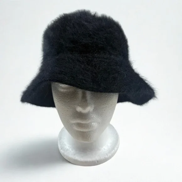 Fuzzy Bucket Hat Womens OS Black Angora Blend Soft Cloche D.N.Y Winter Chic