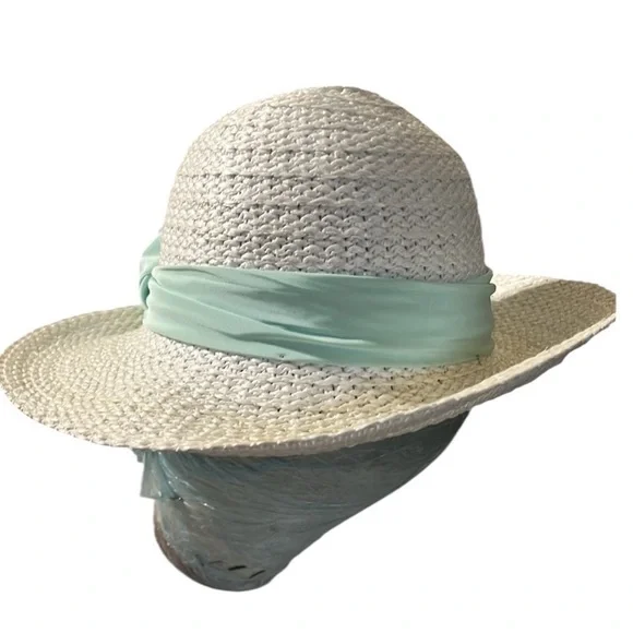 White straw hat  spring , summer with mint green scarf attached