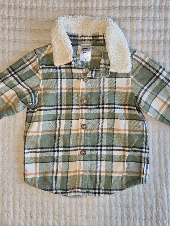 Carter's Plaid Sherpa-Collar Button-Up Jacket - Sage Green, Cream & Navy