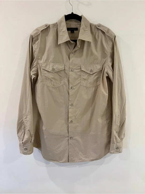 Banana Republic Mens M Military Shirt Khaki Epaulets Safari Cotton Pockets
