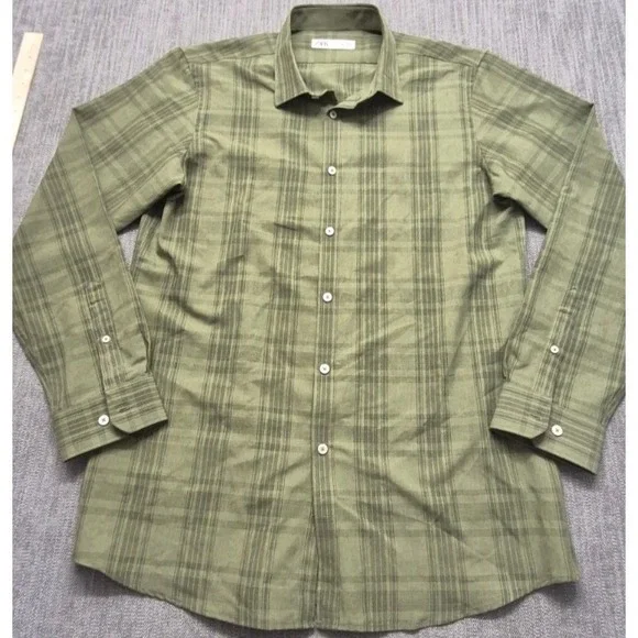 Zara men's‎ green plaid long sleeve button up shirt XL stretch classic
