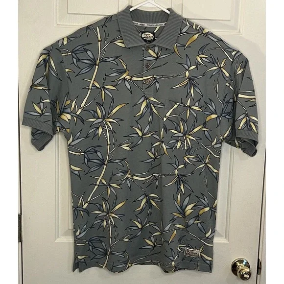 Tommy Bahama Polo Shirt Men's Medium Green Hawaiian Floral Bamboo Casual Relax‎