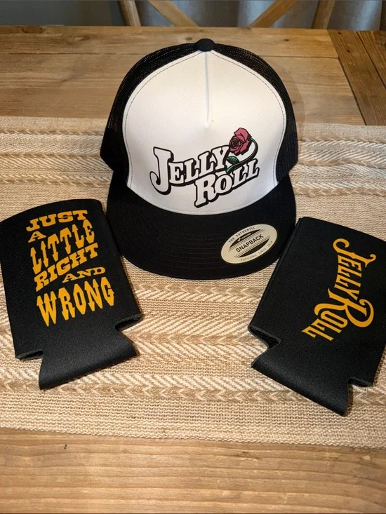 Jelly Roll Concert SnapBack Hat & Koozie’s Just a Little Right and Wrong